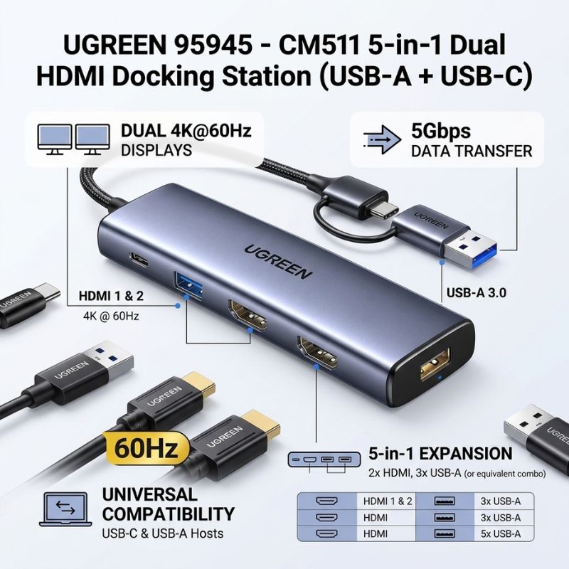 UGREEN 95945 - CM511 USB-A + USB-C Dual HDMI 5-in-1 Docking Station