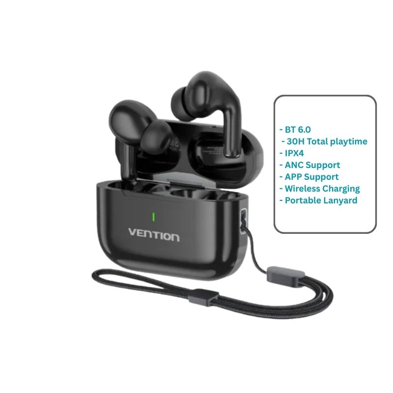 Vention NBVB0 - Pro True Wireless Bluetooth BT 6.0 ANC And APP Support Earbuds ECHO LITE E11 Pro Black