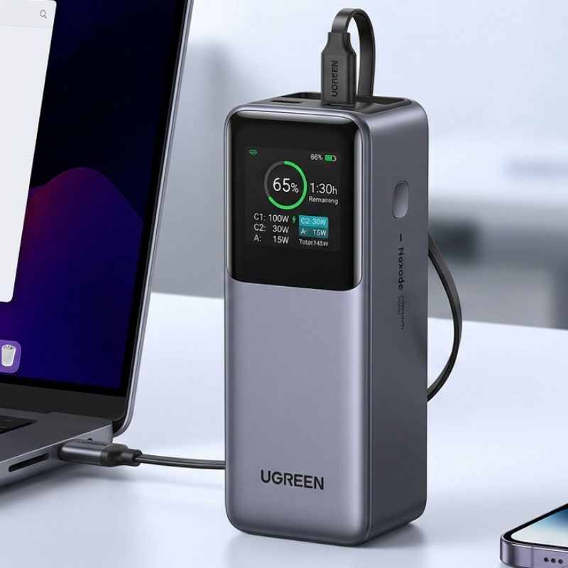 UGREEN 95670B 20000mAh 165W Nexode Smart Display Power Bank with Retractable Cable ( CCC version) PB726