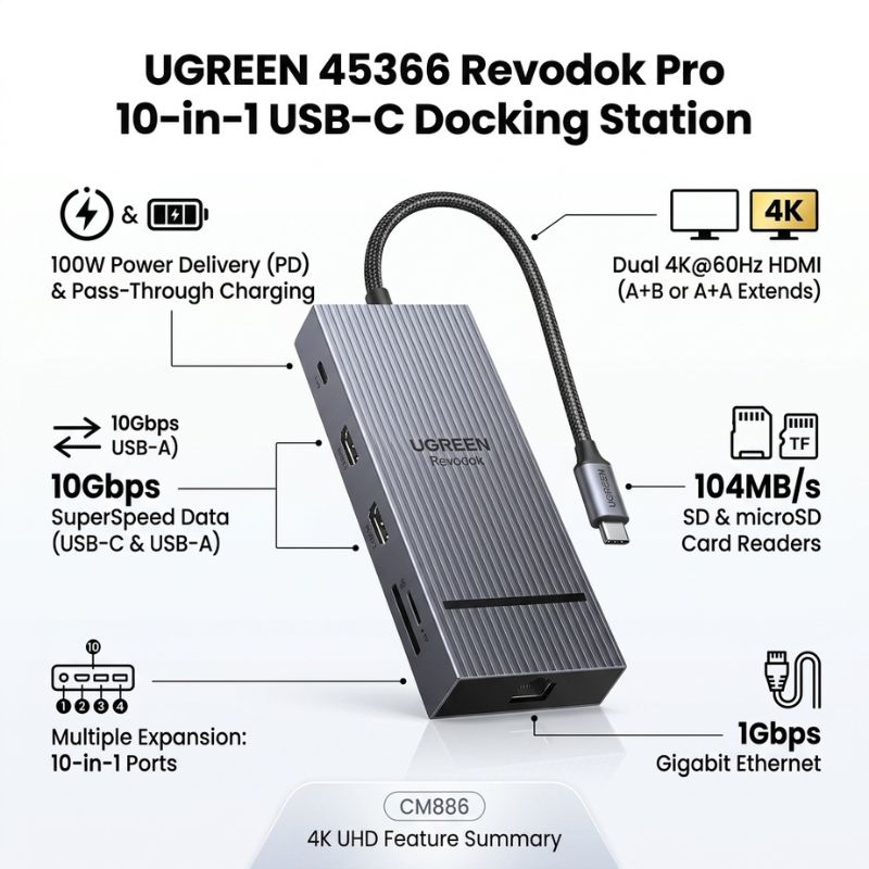 UGREEN 45366 Revodok Pro 10-in-1 USB-C Docking Station CM886