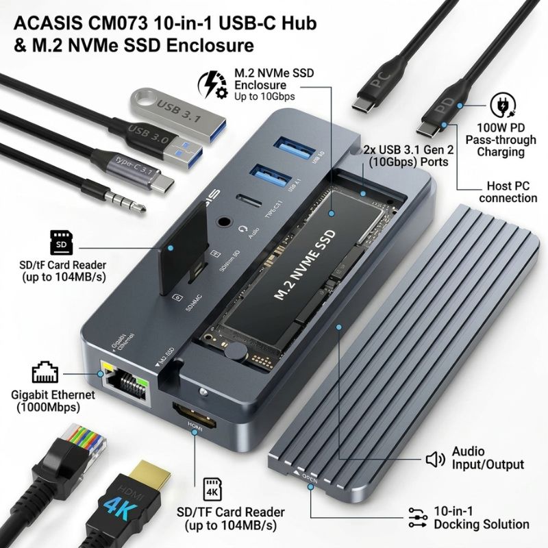 ACASIS CM073 10-in-1 USB-C Hub &  M.2 NVMe SSD Enclosure