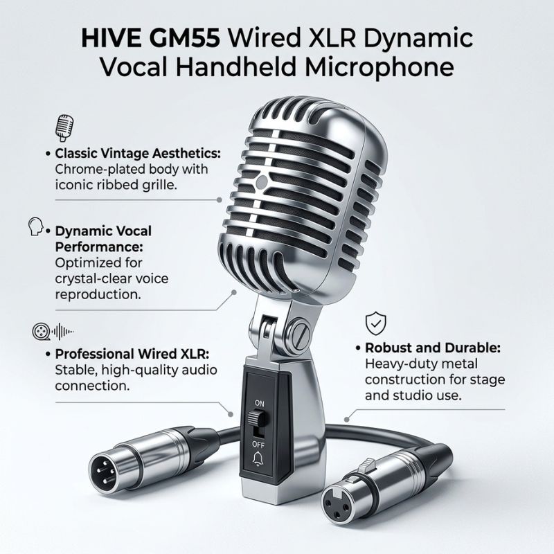 HIVE GM55 Wired XLR Dynamic Vocal Handheld Microphone Silver