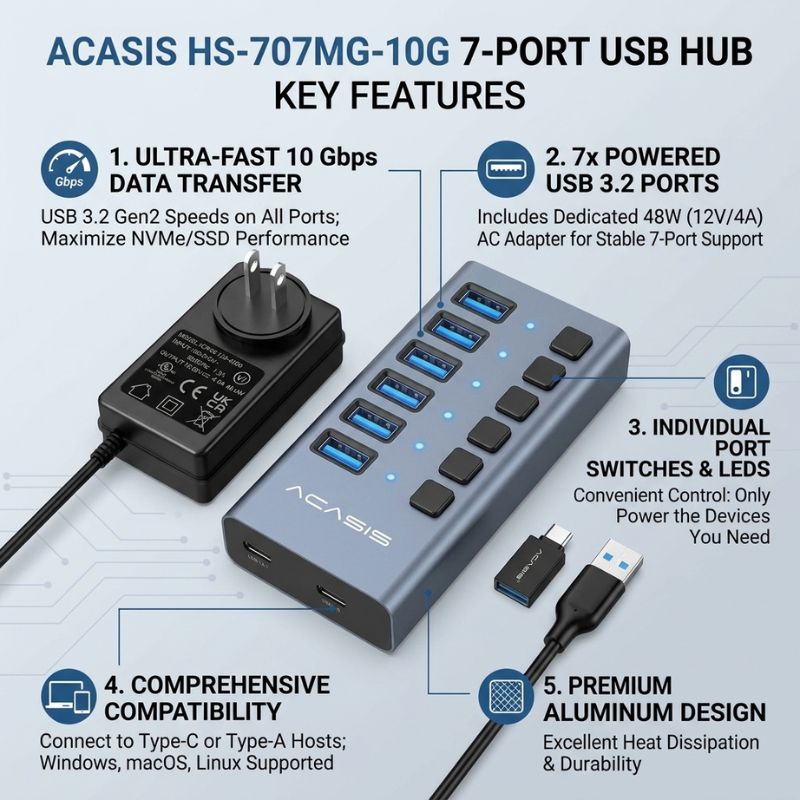 ACASIS HS-707MG-10G 7-Port USB Hub Up to 10 Gbps USB 3.2 Gen2